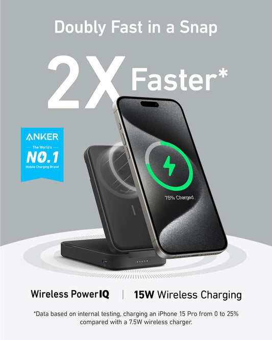 Anker MagGo Power Bank, Batería Externa de 6,600 mAh con Base Ajustable, Carga Inalámbrica de 15W con Certificación Qi2, Compatible con MagSafe y iPhone 15/14/13 (Incluye Cable USB-C)