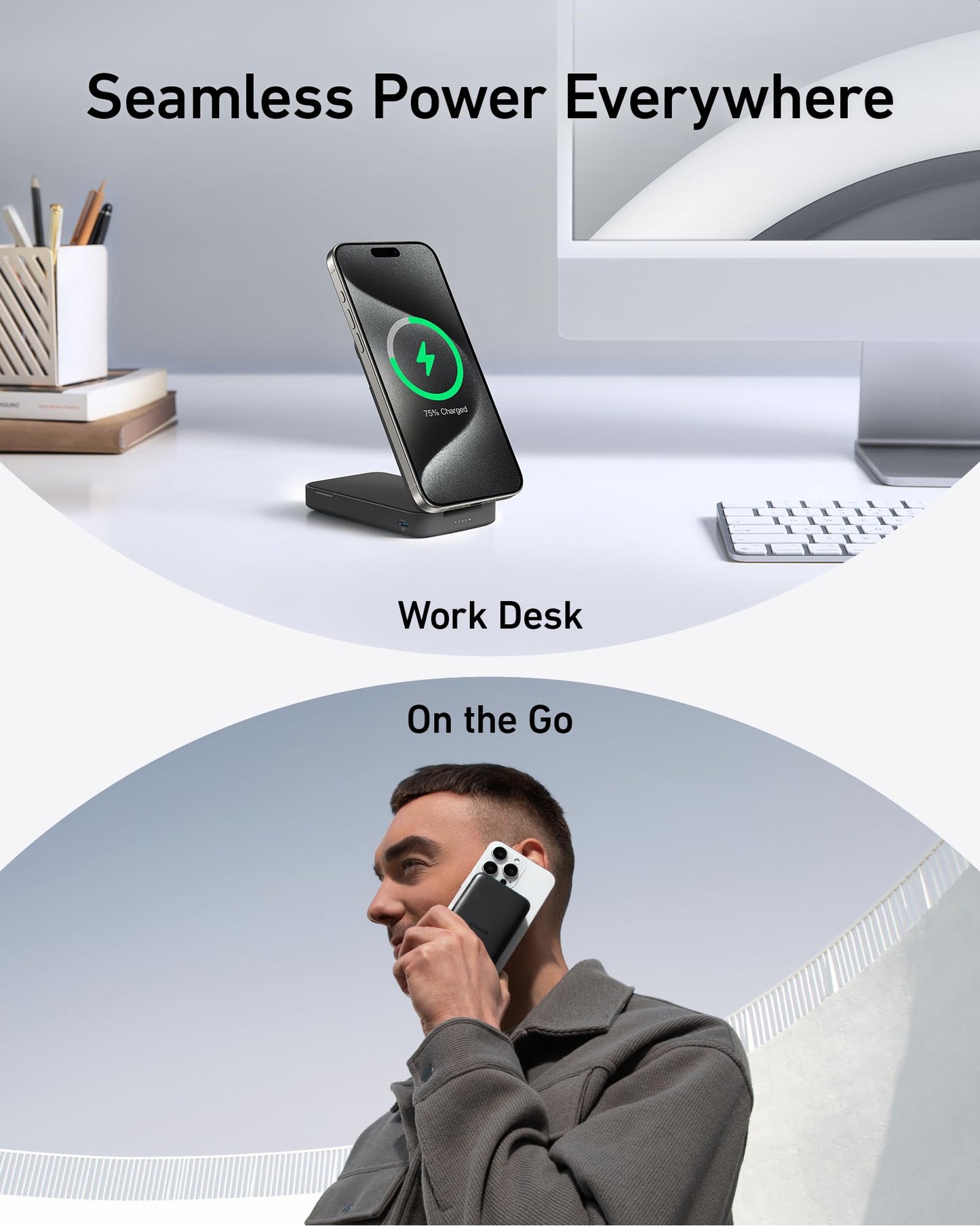 Anker MagGo Power Bank, Batería Externa de 6,600 mAh con Base Ajustable, Carga Inalámbrica de 15W con Certificación Qi2, Compatible con MagSafe y iPhone 15/14/13 (Incluye Cable USB-C)